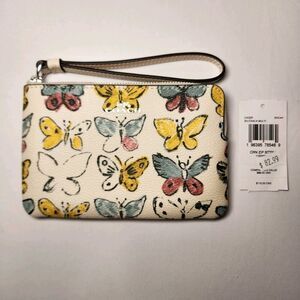 NWT Coach CAQ55 Corner Zip Wristlet Chalk Yellow Butterfly Printed Canvas V4